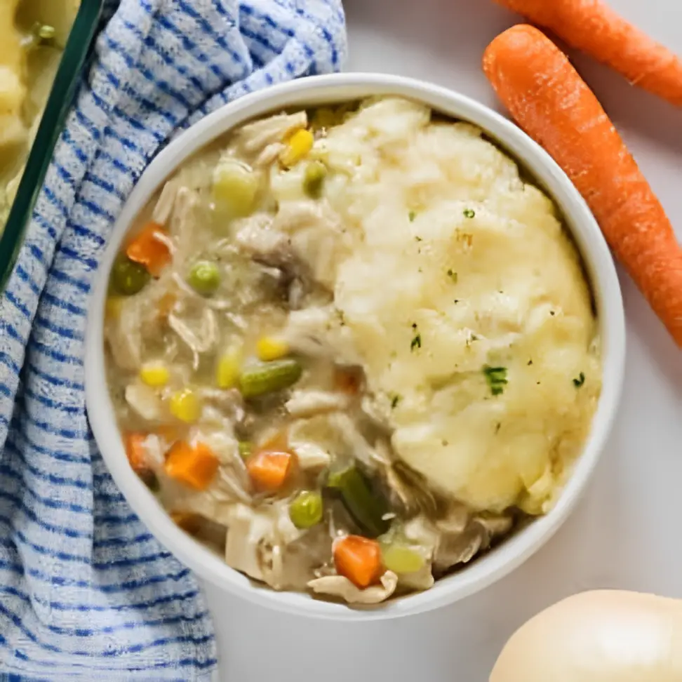 An overhead image of a plate of chicken shepherd's pie with carrots, onion and a blue and white kitchen towel around it.